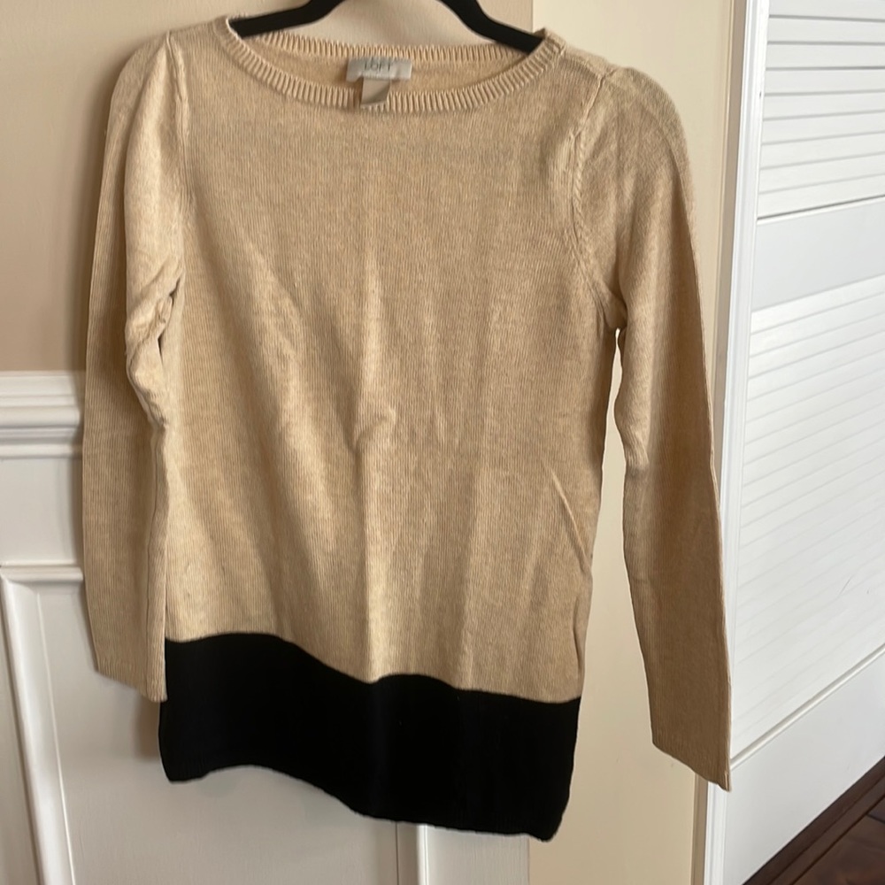 Beige and black color block sweater, lightweight and longer.